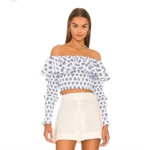Caroline Constas Lydia Top White Blue Toile Off Shoulder Cropped Small New